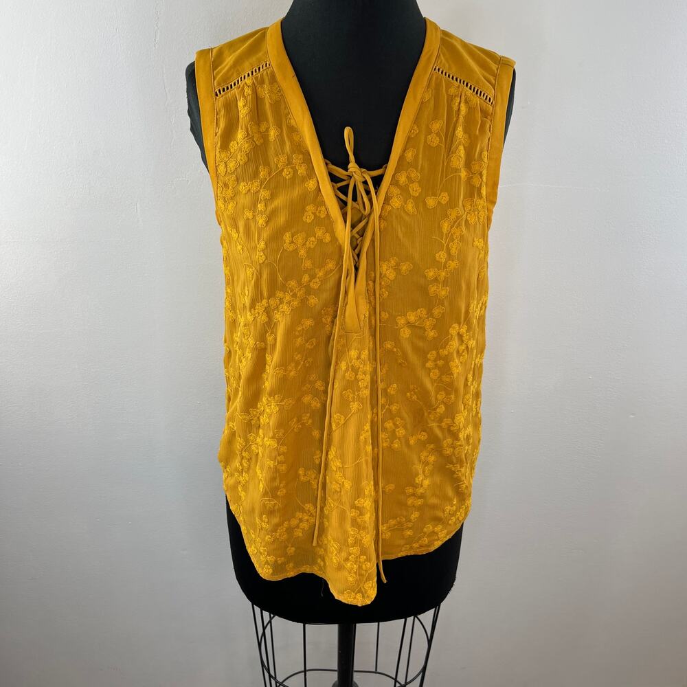 Anthropologie MAEVE Mustard Yellow Floral Embroidered Lace-Up Sleeveless Top 4 - Picture 4 of 12